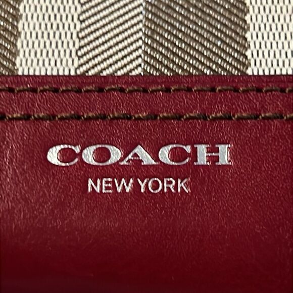 Coach Legacy Signature Stripe Accordion Zip Style 48032 Khaki Black Cherry - Picture 2 of 16